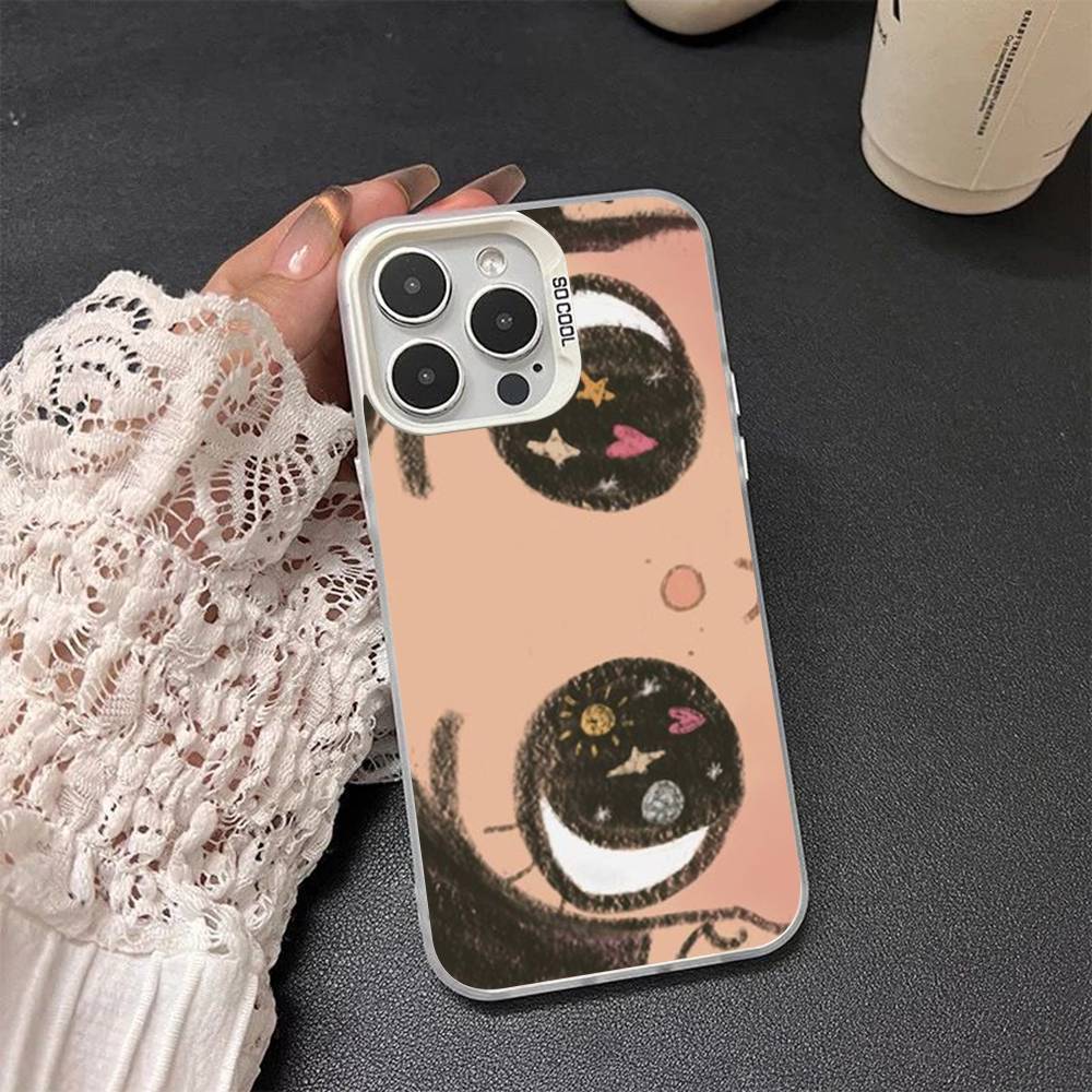 Kawaii Cute Black Big Eyes Cool Colored Silver frosted For iPhone Phone Case 17 16 15 14 13 12 11 Pro Max XR Plus Shockproof