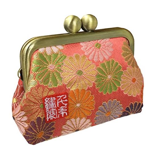 Senshishuin Nishijin Brocade Square Wallet with Gusset and Coin Purse Chrysanthemums in Full 2.5-inch (Lined) (Vermilion Bloom)