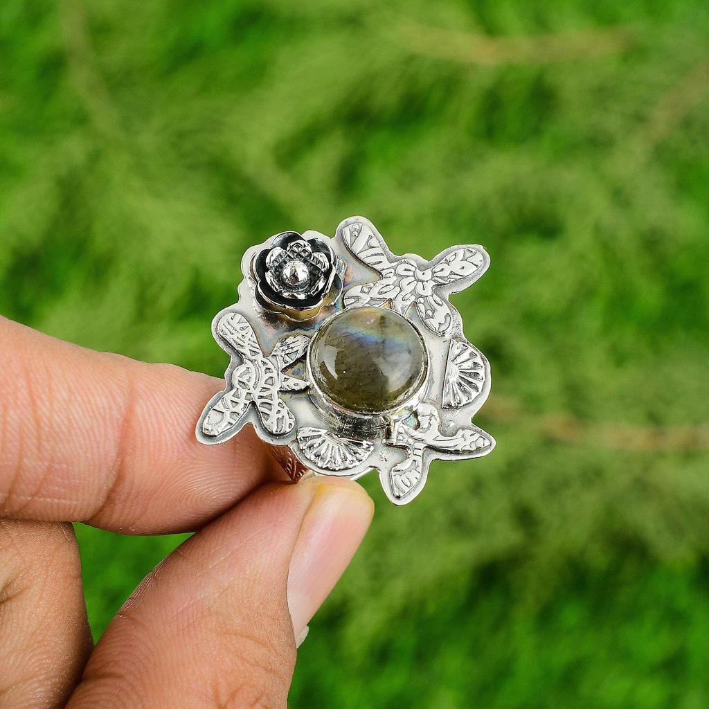 Sterling Silver Natural Labradorite Engagement Statement Flower New Ring Jewelry
