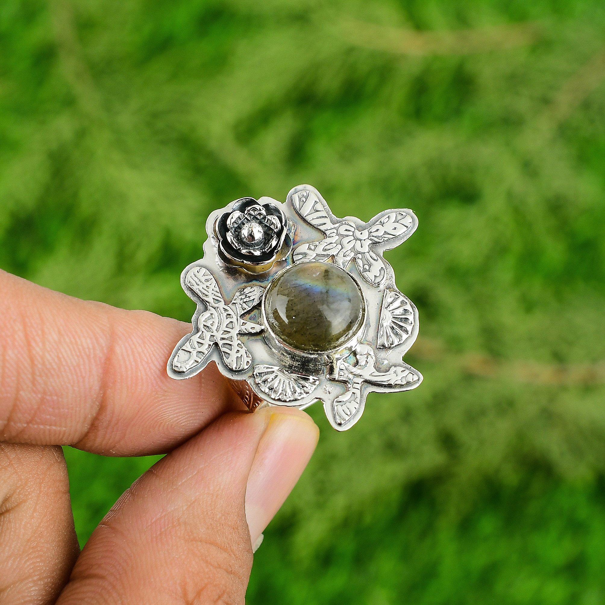 

Sterling Silver Natural Labradorite Engagement Statement Flower New Ring Jewelry Adjustable