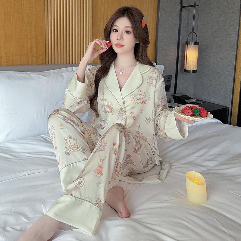 1011 new pajamas women's spring and autumn thin ice silk long-sleeved trousers suit can be worn outside, high-end light luxury home