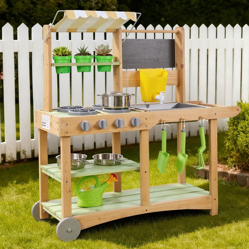 Mud Kitchen, Outdoor Mud Kitchen for Kids, Wood Outdoor Play Kitchens with Spoons, Sink, Sunshade Canopy, Swivel Wheels, Cookware Pots and