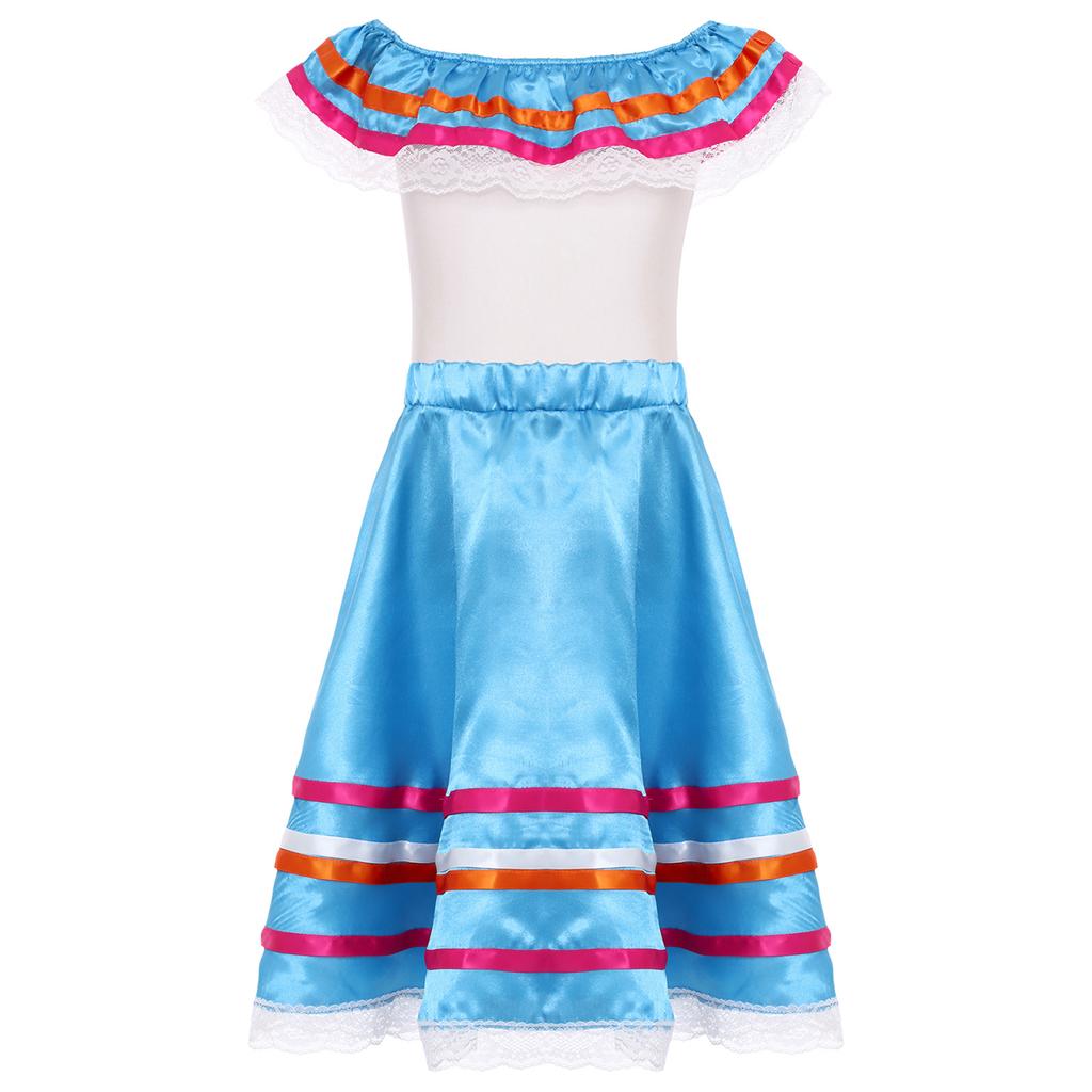 Girls Mexican Dress Set Off Shoulder Ruffled Top Elastic Waistband Lace Ribbon Trim Skirt