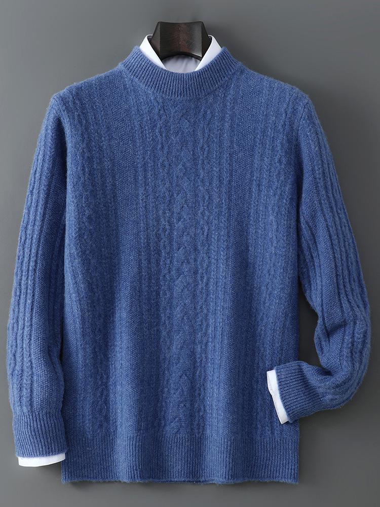Men's Thick Half-High Collar Wool Sweater - Casual Loose Fit, 100% Pure Wool, Long Sleeve Pullover for Autumn & Winter
