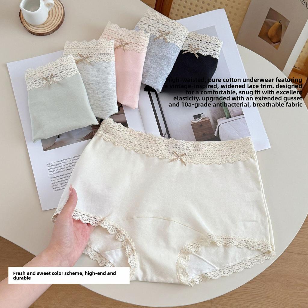 Ladies' Spring and Autumn Retro Pure Cotton Soft and Comfortable 10A Antibacterial Extended Mid Waisted Briefs