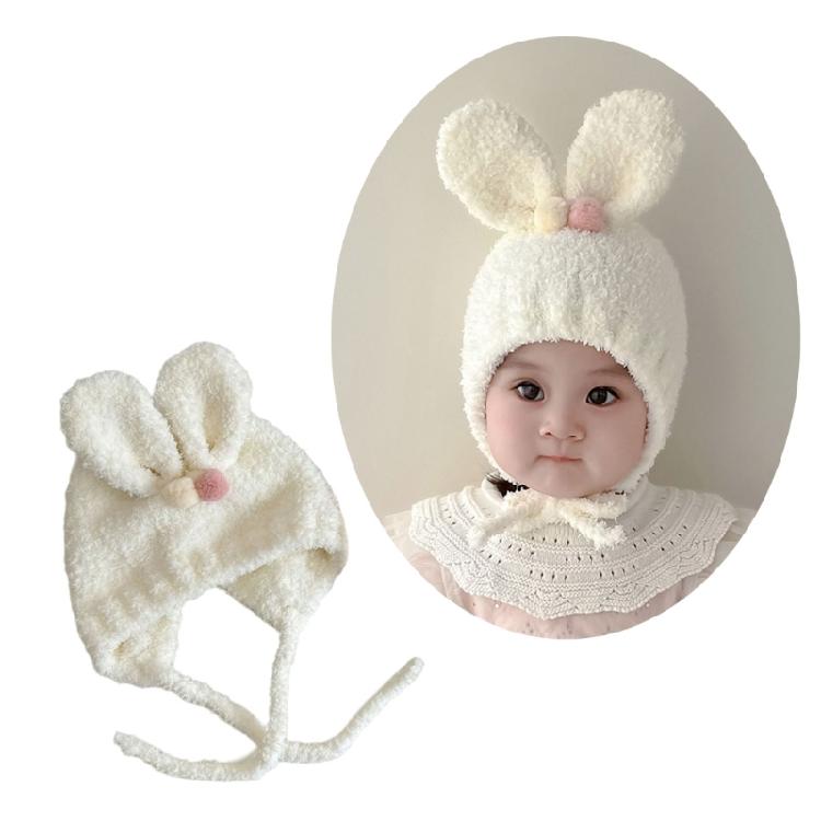 Baby Beanies with Tie Warm Lining Furry Pompoms Rabbit Ears Hat Adjustable Size Plush Hat Lovely Photo Props