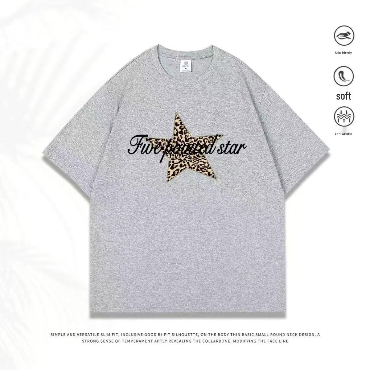 

Unisex Leopard Star Print Short Sleeve T-Shirt - Trendy, Loose, Casual Fit 2XL сірий колір