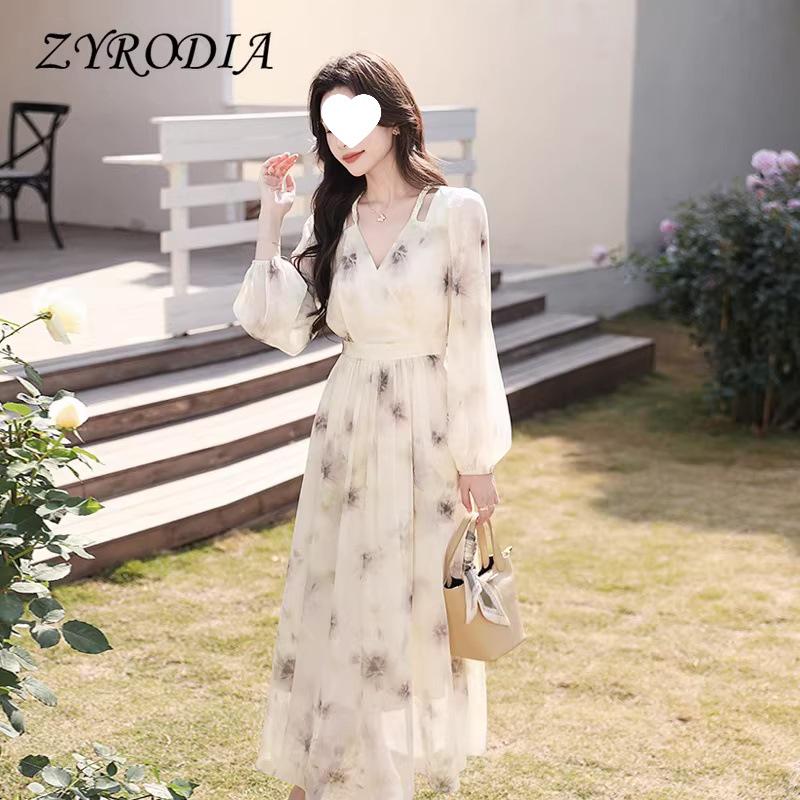 French Spring/Summer 2026 Floral High Waist Romantic Long Sleeve Dress Large