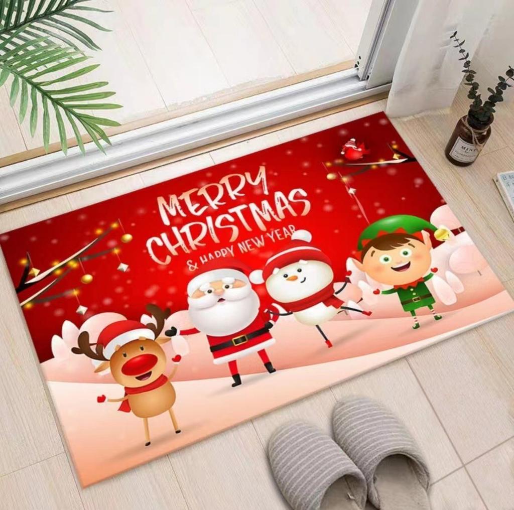 Christmas Themed Door Mat with Santa Claus Elk Snowman Pattern Non Slip Absorbent Indoor Outdoor Welcome Mat for Home Decor