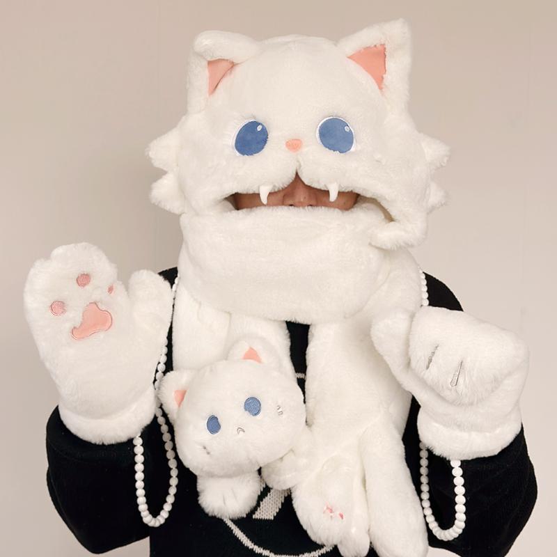 Lovely Cat Animal Hat Faux Fur Hooded Scarf Winter Thickened Cute Furry Ears Paw Gloves Hoodie Beanie Cap for Women Girls Lolita