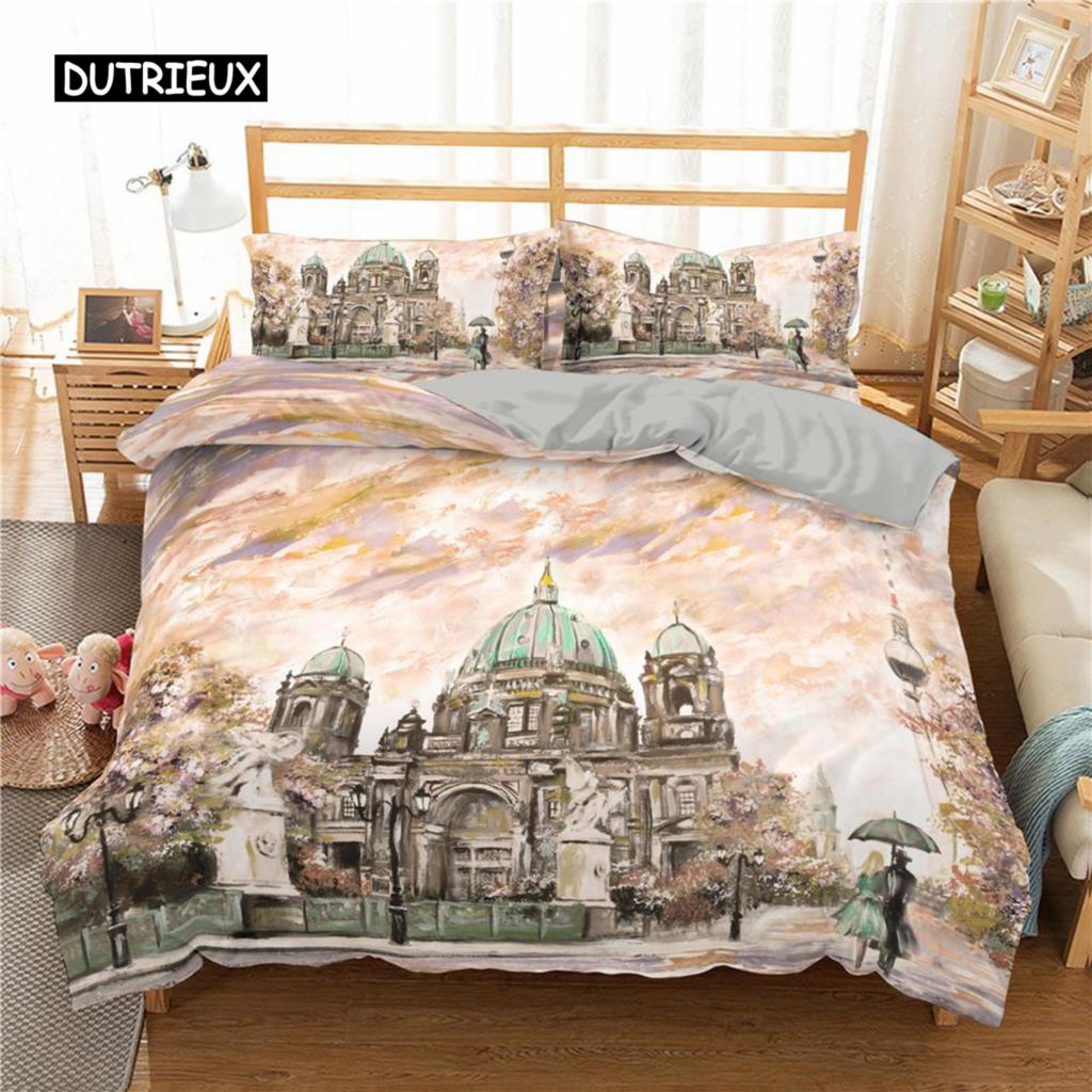 Paris Duvet Cover Set Microfiber Paris Tower Oil Painting Bedding Set Car City Landscape Pattern Quilt Cover Queen King Size