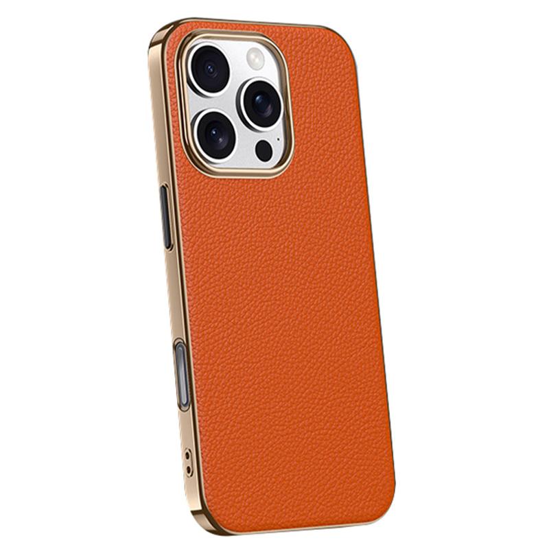 For iPhone 16 Pro Case Electroplating Genuine Cow Leather+PC Drop Resistance Phone Cover