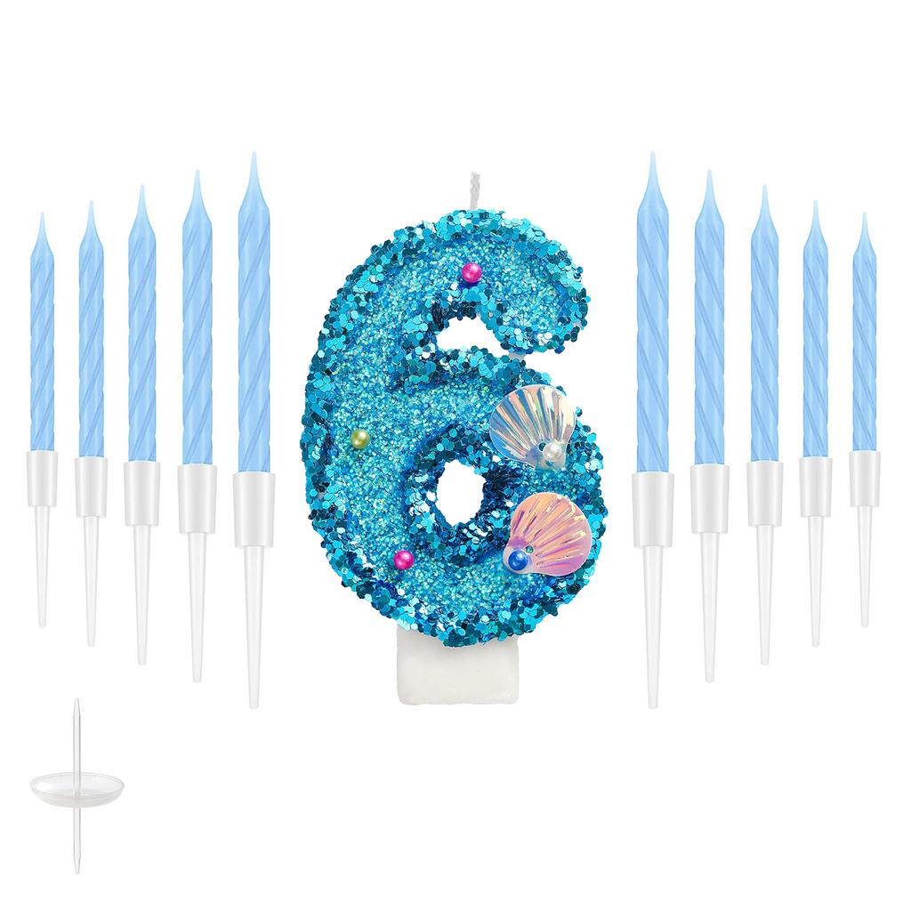 11pcs Blue Number Candle,Shell Sequins Number Candles for Birthday Cakes Mermaid Themed Party Supplies Number 0-9 Candle