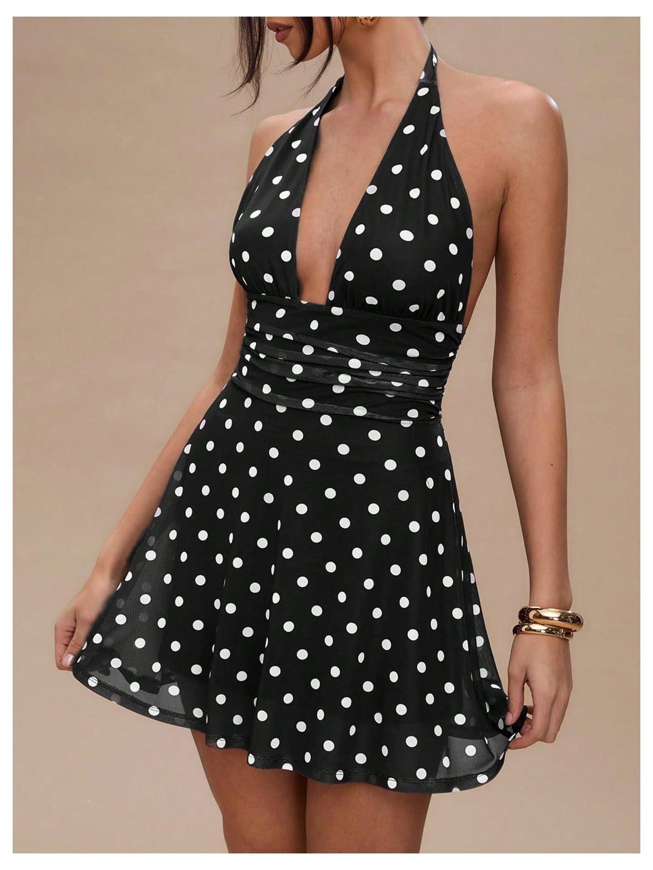 European and American women s polka dot pleated backless neck mini dress, sexy deep V-neck A-word skirt S