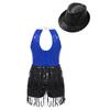 Girls Sleeveless Sequin Jumpsuit Keyhole Back Design Jazz Performance Competition Outfit Matching Hat