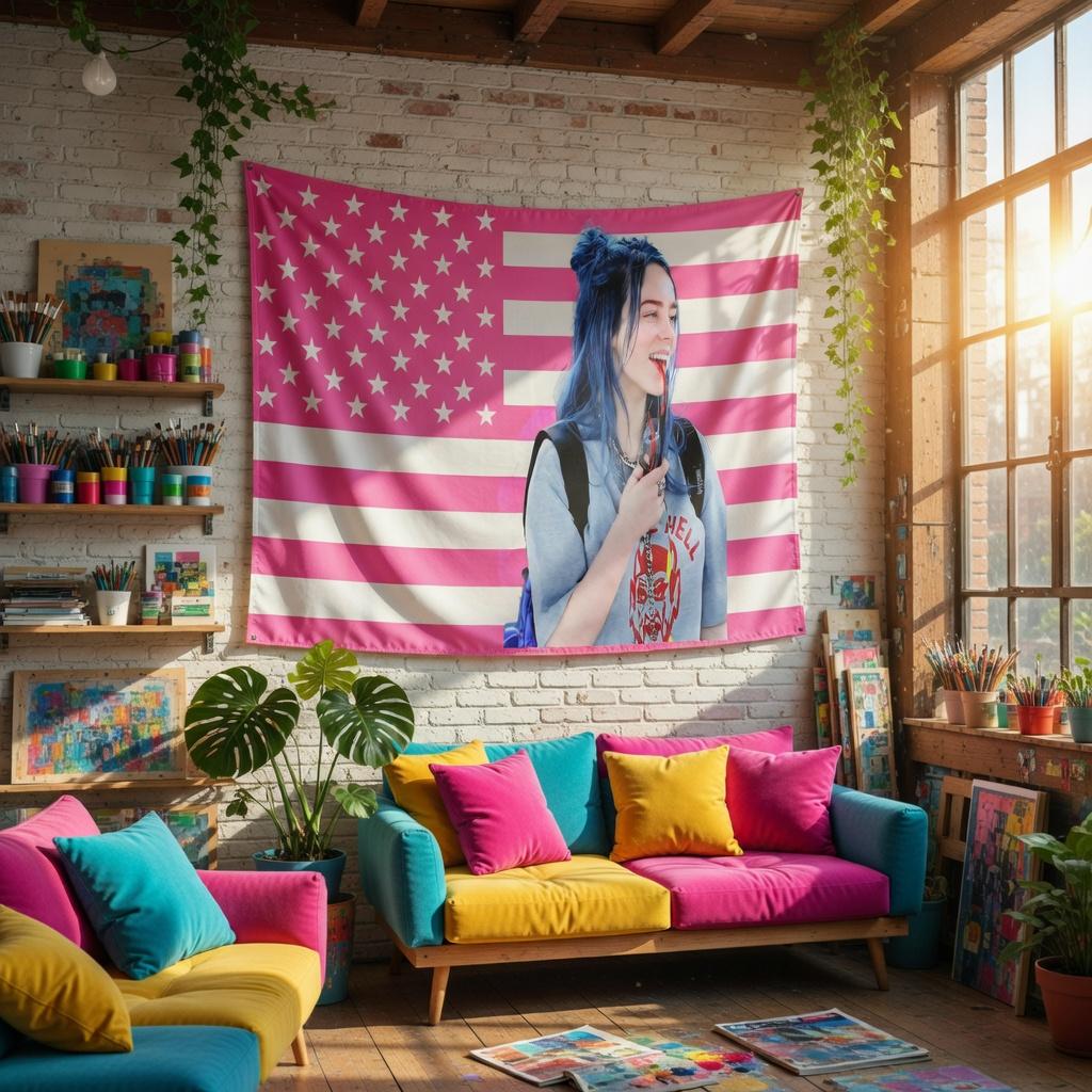 Viral Billie Eilish Blue Hair Tapestry Pink American Flag  Premium Flat Print Wall Hanging Decor