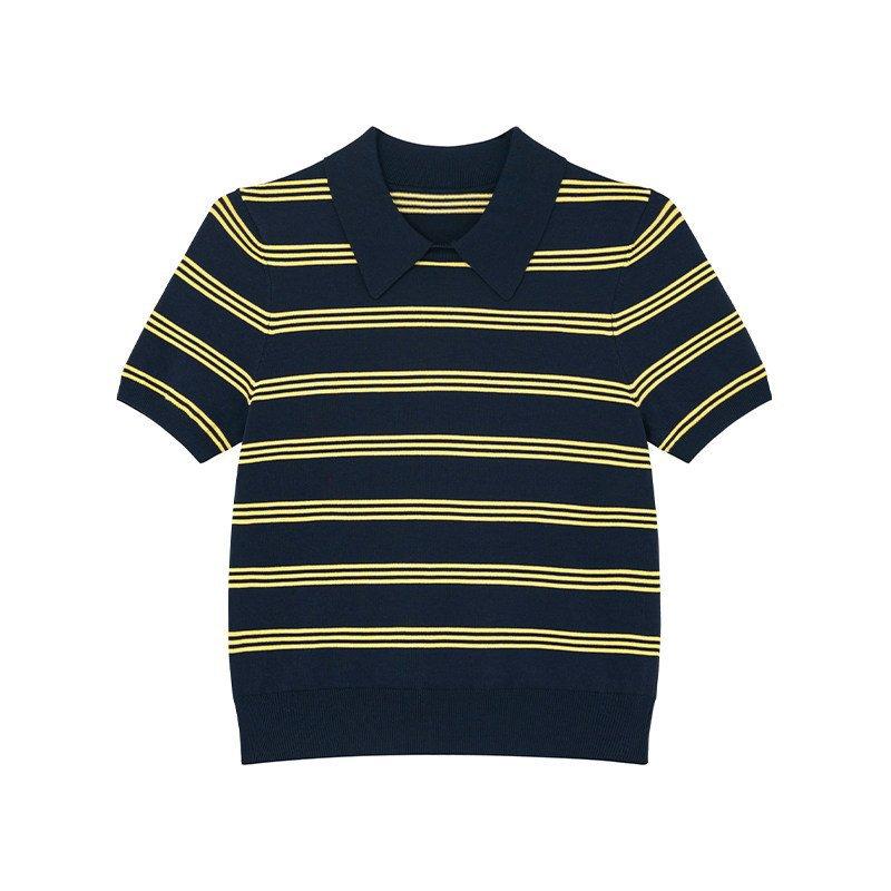 Women s Polo Collar Short Sleeve Knit Top Slim Fit American Retro Contrast Stripe Casual Summer Sweater XS