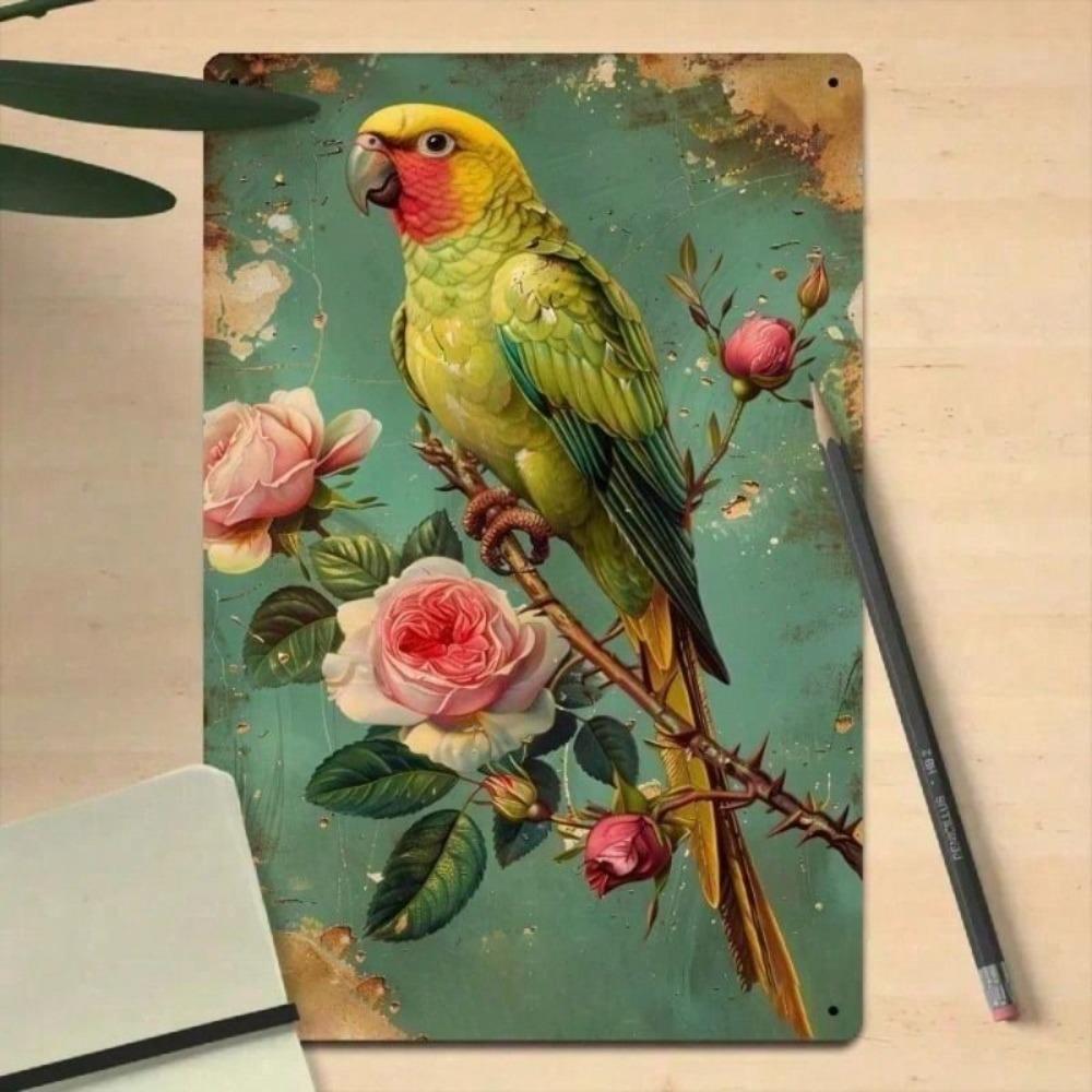 Vintage Metal Sign Green Parrot 20x30cm Retro Tin Plaque for Home Cafe Garden Decor