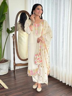 Women Designer Embroidered Kurta Pant Dupatta Set Indian Bollywood Top Tunic Salwar Suit