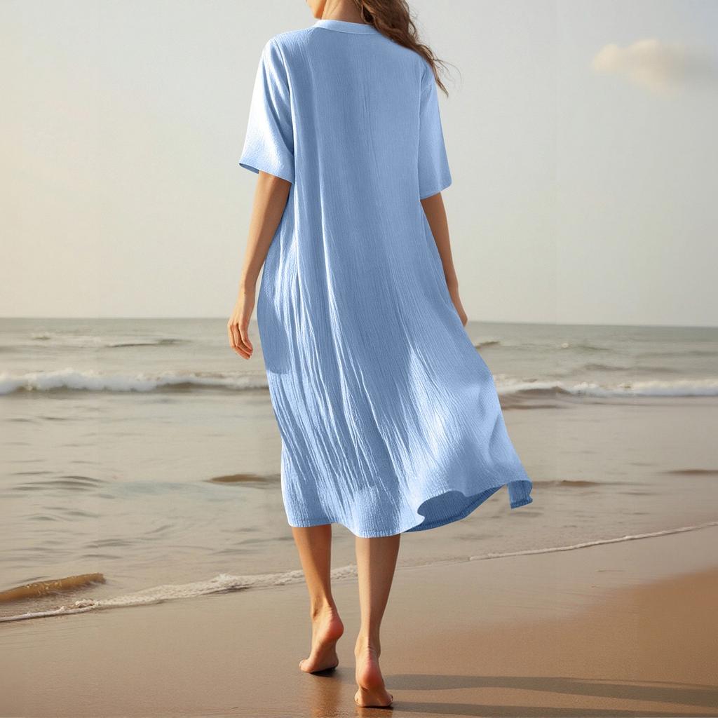 Women's Fashionable Cotton And Linen Button Solid-color Half-sleeved Loose Pocket Dress