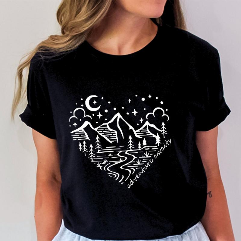 New Fashion Unisex Summer Sleeves Streetwear Mountain Hiking Camping Print Adventure Awaits Casual Crew Neck Sleeve Tee
