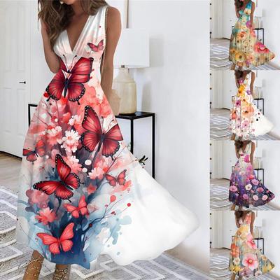 Women's Long Casual Dress Summer Sleeveless V-Neck Waist Retraction Printed Dress