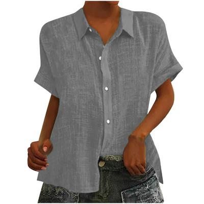 Solid Color Women's Loose Cotton and Linen Short Sleeve Lapel Button Cardigan Top Women