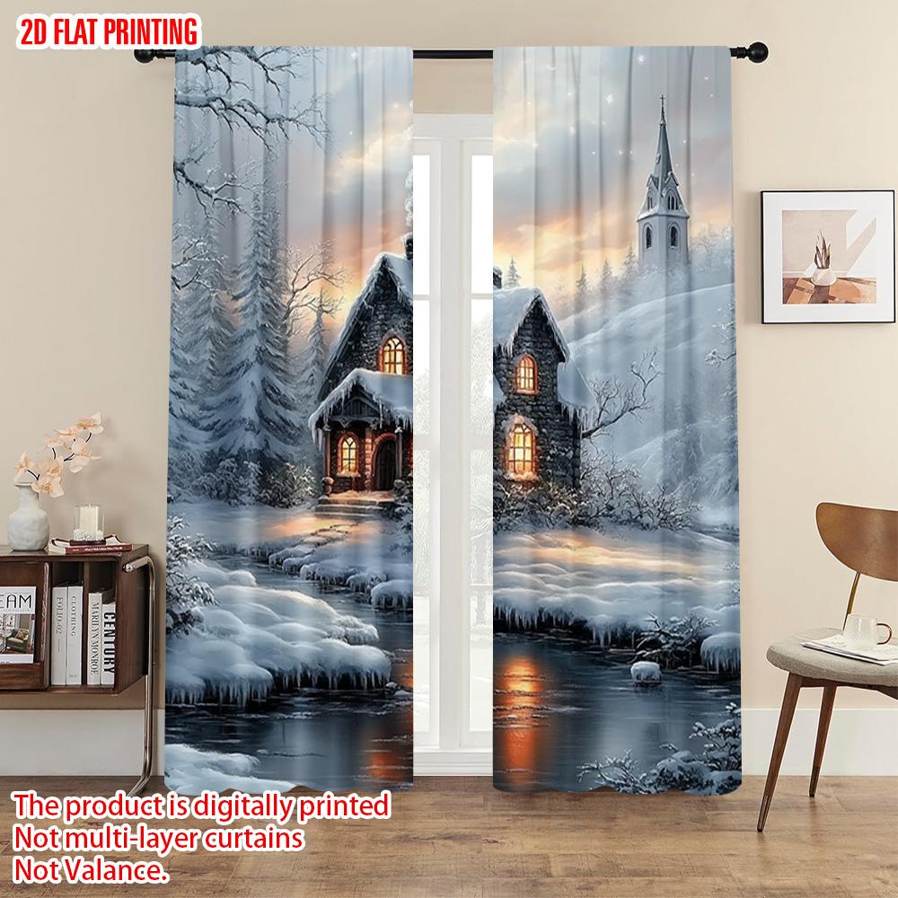 2pcs   plane printing Popular Curtains Snowy Forest Cabin Scenery Durable 100% Polyester Fabric (without rod) Versatile All Use