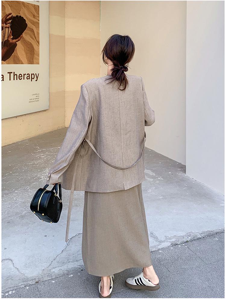 Premium V-Ausschnitt Anzug Rock & Ärmelloses Kleid Set für Damen - Sophistizierter Herbststil