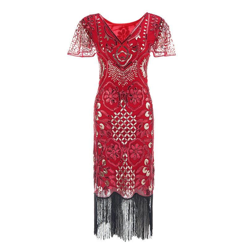 

1920s Gatsby Flapper Dress, Sequin Fringe V Neck Evening Gown For Vintage Party & Cocktail Events 2XL чёрный