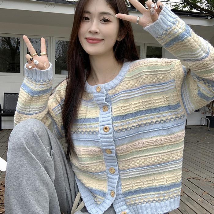 Loose Striped Korean-Style Outerwear Women's Early Spring Autumn Versatile Thin Knit Sweater Cardigan Coat