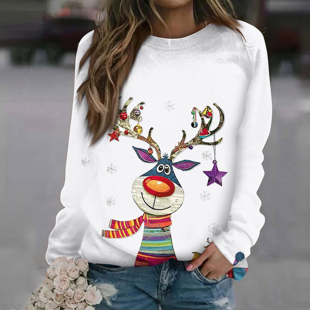 Blusa de algodón con cuello redondo para mujer, informal, con estampado de moda, manga larga, cuello redondo