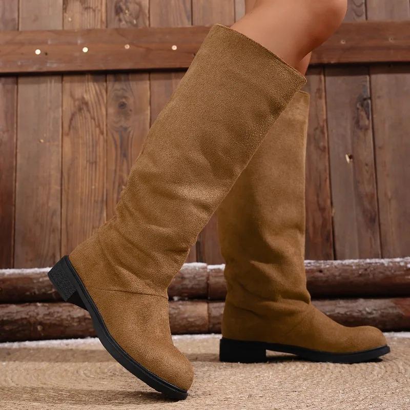 Pleated Boots Women Faux Suede Flock Knee High Boots Women Shoes Fashion Slip On Square Low Heel Knight Booties Mujer