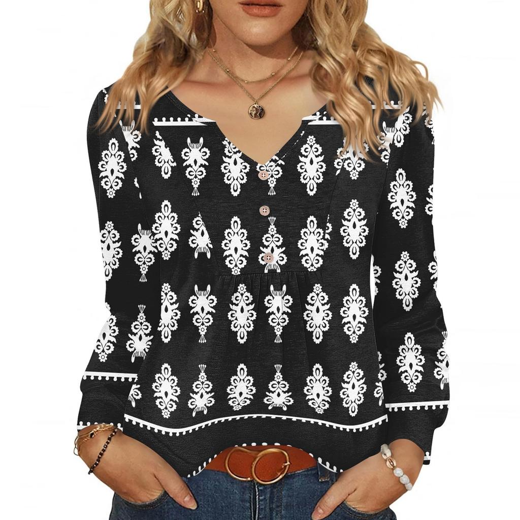 Women's Fashionable Casual V-neck Blouse Button Long-sleeved Pullover T-shirt Top