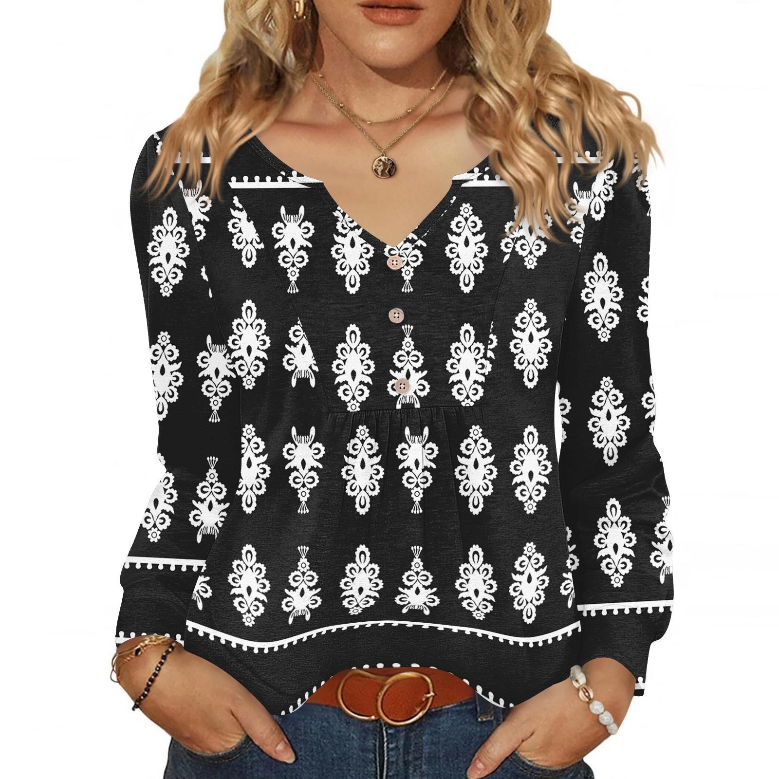 

Женская модная повседневная блузка с V-образным вырезом на пуговицах, с длинным рукавом, пуловер, футболка, топ M