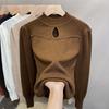 Loose Semi-high-neck Sweater for Women's Autumn and Winter with Beaded and Cut-out Design Knitted Top and Pullover