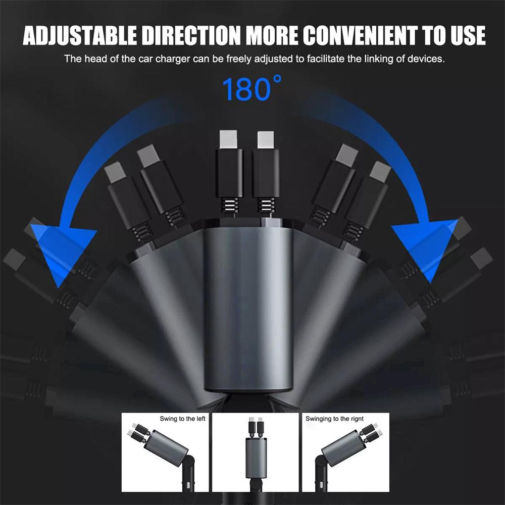 120W Retractable Car Charger 4 In 1 USB C Fast Charging Car Socket Charger Adapter for iPhone Xiaomi Huawei Samsung
