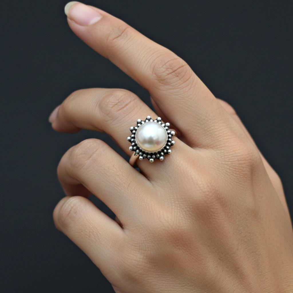 White Pearl Flower Ring, 925 Sterling Silver Jewelry, Handmade Minimalist Statement Boho Gemstone Ring