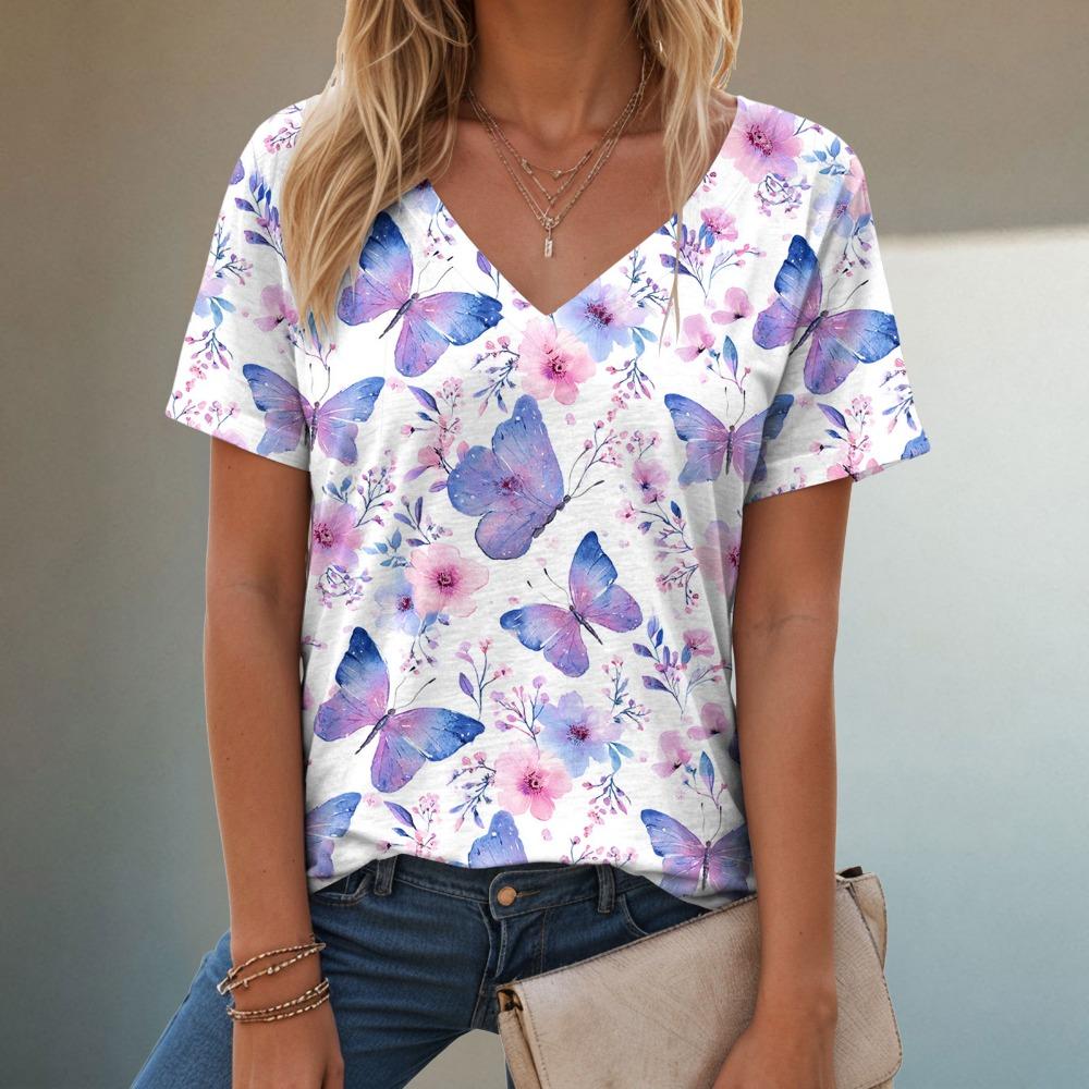 Women's flower butterfly print short sleeved V-neck T-shirt