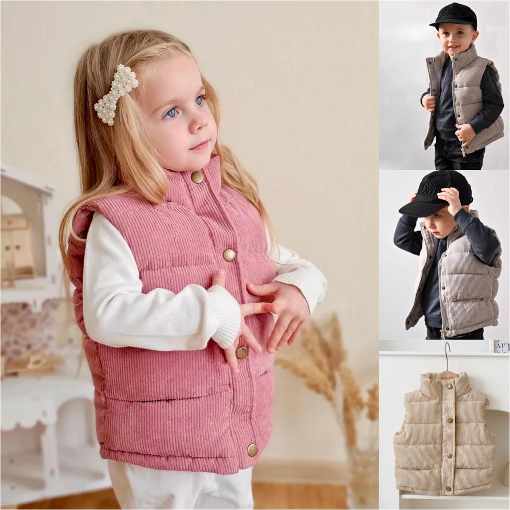 Kinder Cord Steppweste mit Stehkragen, Leichte ärmellose Oberbekleidung für Frühling Herbst, Alter 1–9, Rosa Grau Weiß