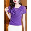 Size Women's Clothing Chubby Girl Summer New Arrival Pure Color Silm Swing Collar Mesh Slimming Short Sleeve T-shirt Easiest for Match 8 Color Women