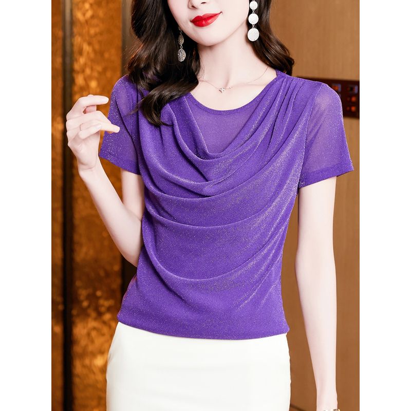 Size Women's Clothing Chubby Girl Summer New Arrival Pure Color Silm Swing Collar Mesh Slimming Short Sleeve T-shirt Easiest for Match 8 Color Women
