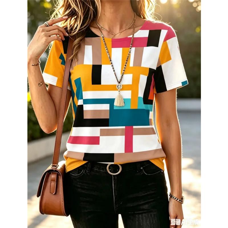 Moda Donna Girocollo Manica Corta Stampa Colore 3D Casual T-shirt Casual a Manica Corta Girocollo