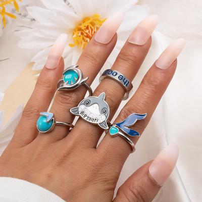 5pcs/set Retro Personalized Turquoise Shark Seagull Love Dripping Ring
