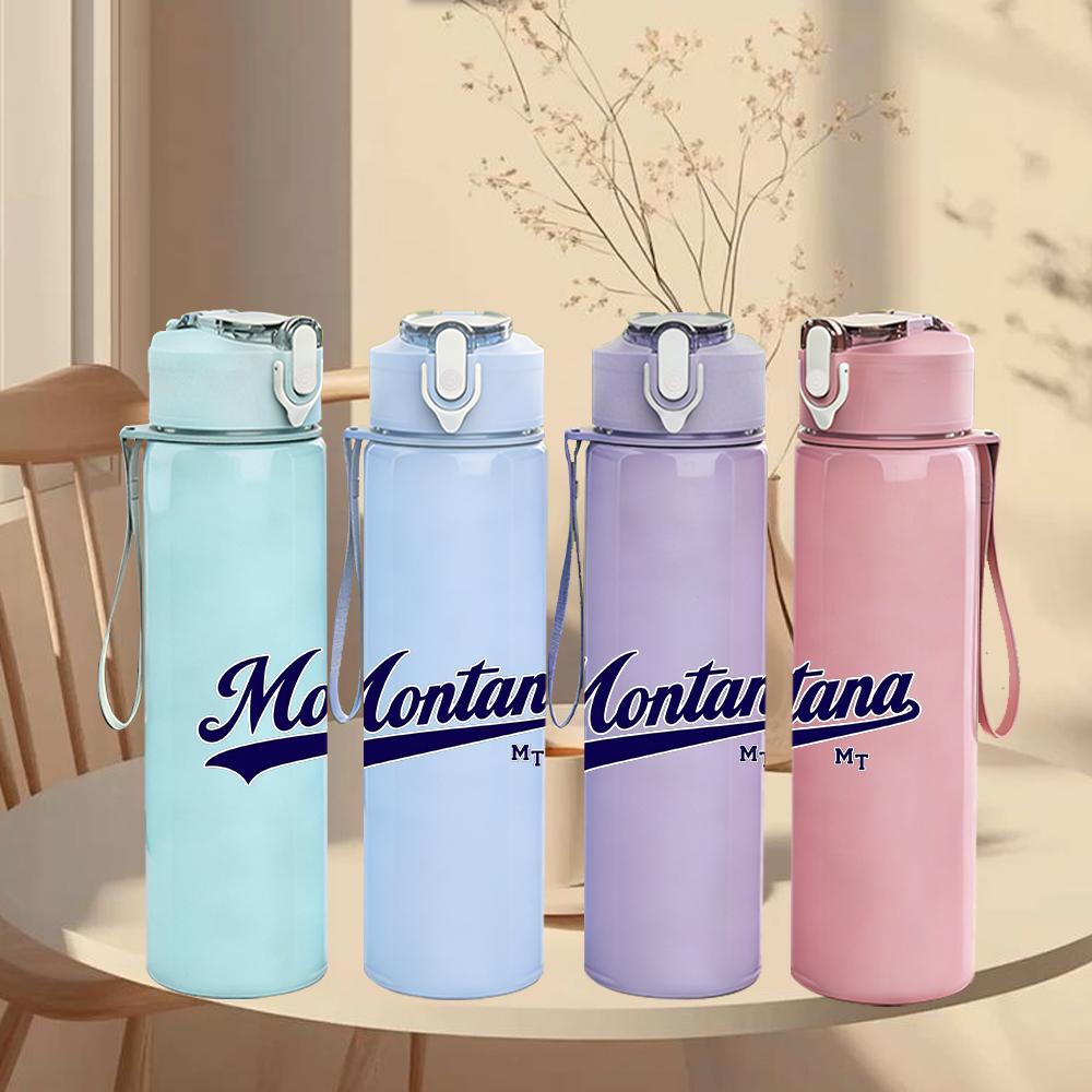 1PC Montana Faint Cursive Brand Text Print 750ml Colorful Plastic Sports Water Bottle Leakproof Pop Up Lid with Straw for Outdoor Work Home Use