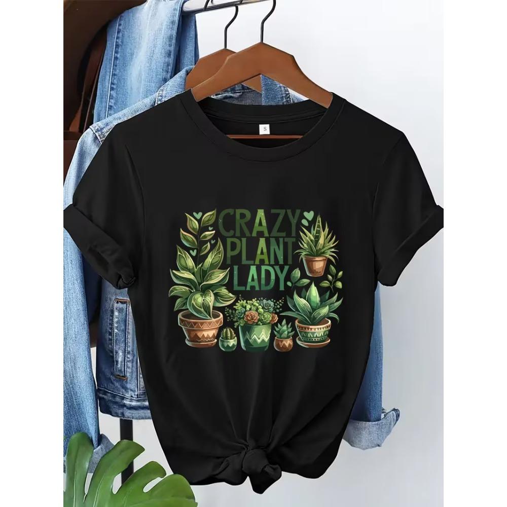 Crazy Plant Lady Letter Graphic T-Shirt Women’s Crew Neck Short Sleeve Tee Funny Plant Lover Print Soft Comfortable Top