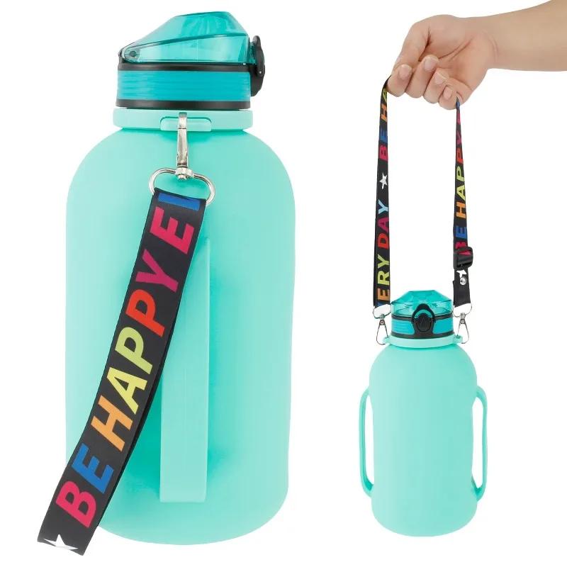 Collapsible Water Bottle 2L/64oz Sport Water Bottle Camping Hiking Leakproof Sports Kettle with Strap Silicone Folding Water Cup