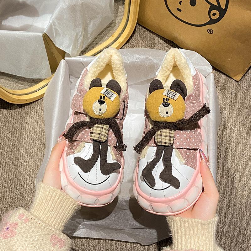 Women's fashion cartoon bear lightweight soft sole winter warm fur one snow boots velvet lined non-slip casual sports cotton boots board shoes