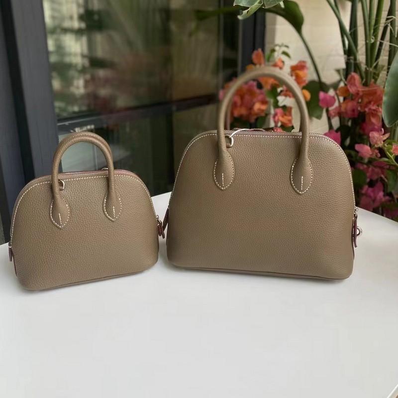 2026 Genuine Leather Bowler Bag Women Mini Shell Shape Tote With Zip Soft Full-Grain Cowhide Street Style