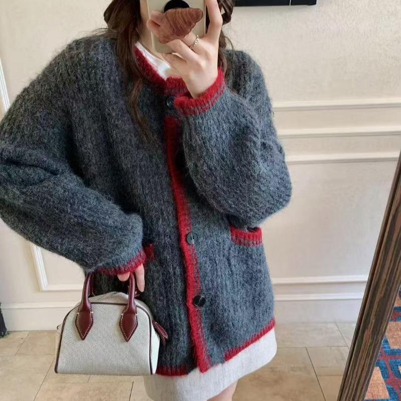 Autumn and winter new retro lazy wind knitted cardigan women's contrasting colors versatile loose soft waxy sweater jacket